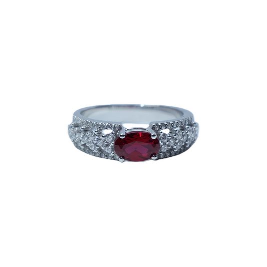 1CT Oval Lab-Grown Emerald Silver Ring with Ruby | White Gold-Plated Pavé Zirconia Wide Band Close-up Detail - Craftsmanship Excellence