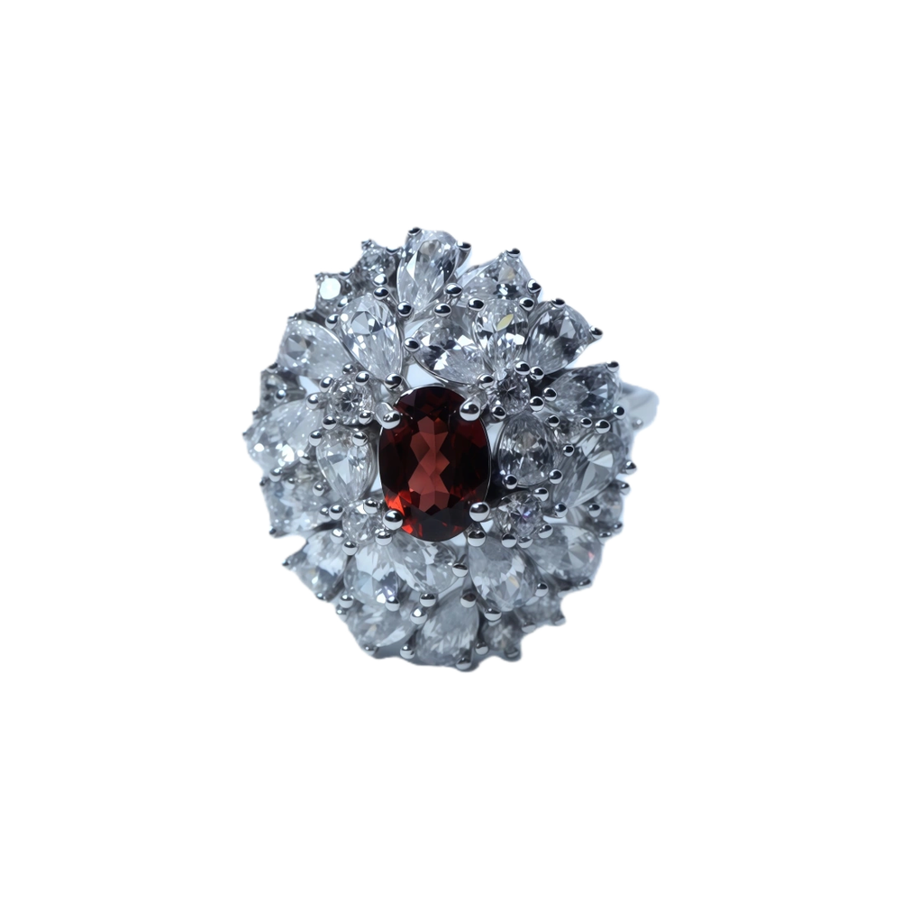 Large Flower Garnet Sterling Silver Ring | White Gold-Plated Zirconia Accent Adjustable Ring