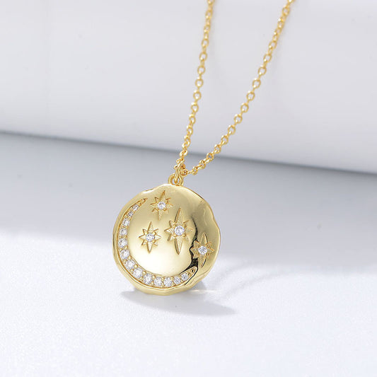 s925 sterling silver round coin star moon necklace European and American ins style diamond-embedded