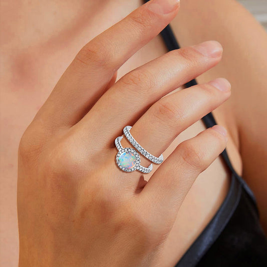 White Fire Opal & Micro Pavé CZ Two-Piece Ring Set | Bridal Stack | Wholesale Opal Jewelry | Bo Cheng Jewelry