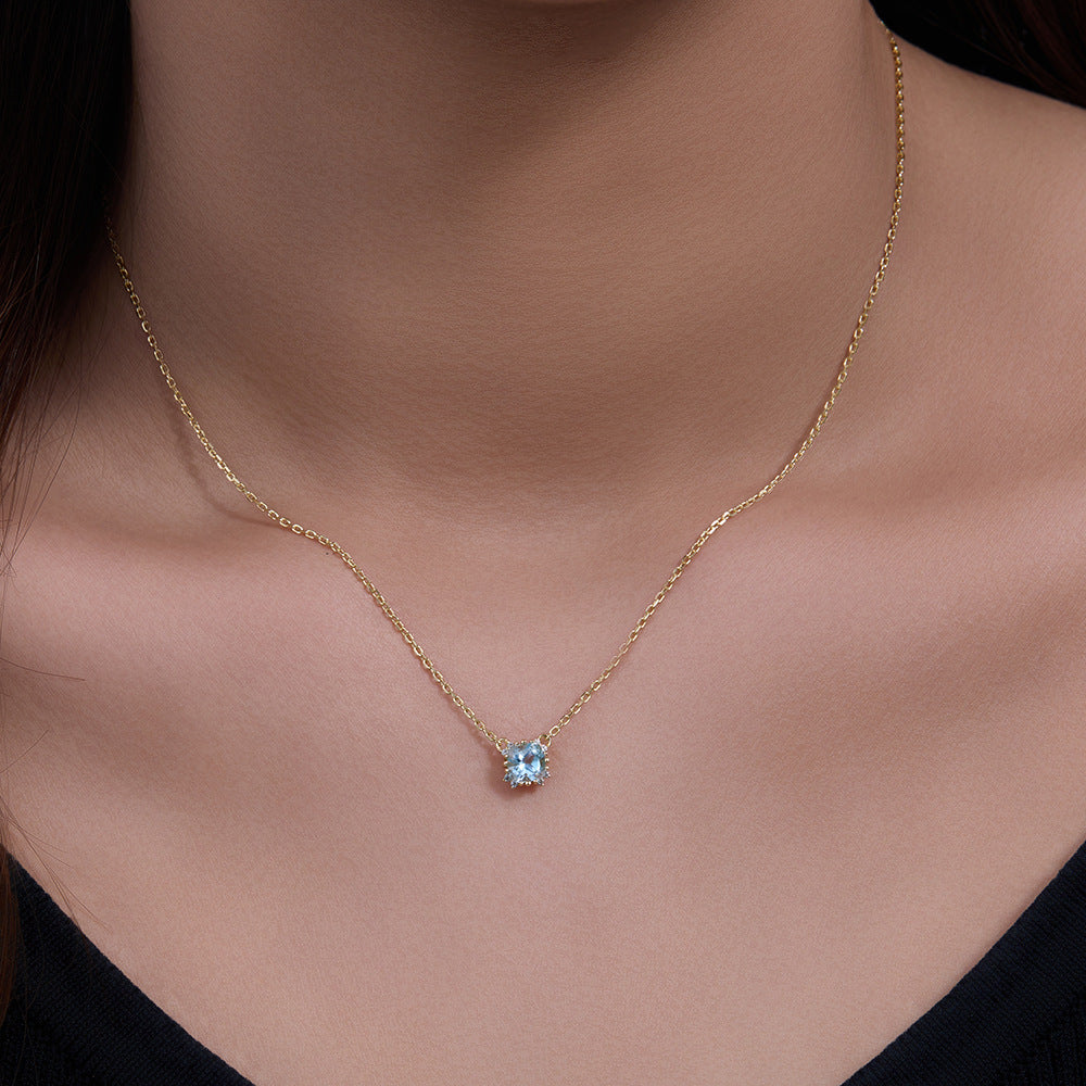 925 Sterling Silver Geometric Round Natural Topaz Pendant Necklace European and American Cross-borde