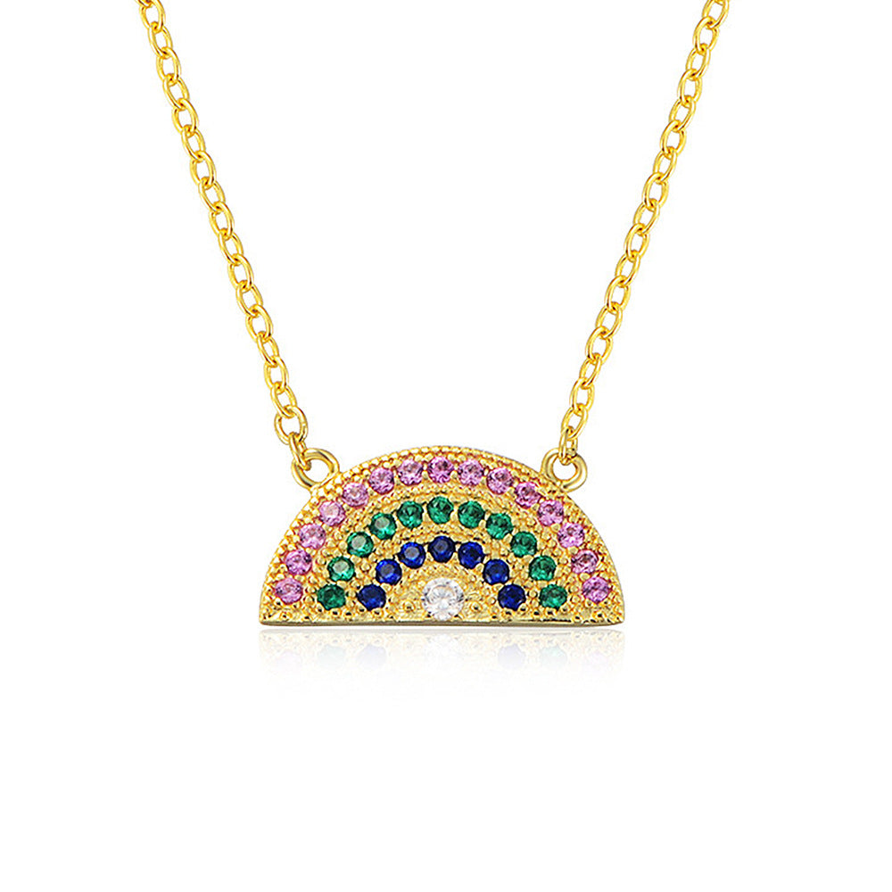 S925 Sterling Silver Geometric Semicircle Rainbow Zircon Necklace Pendant European and American Cros