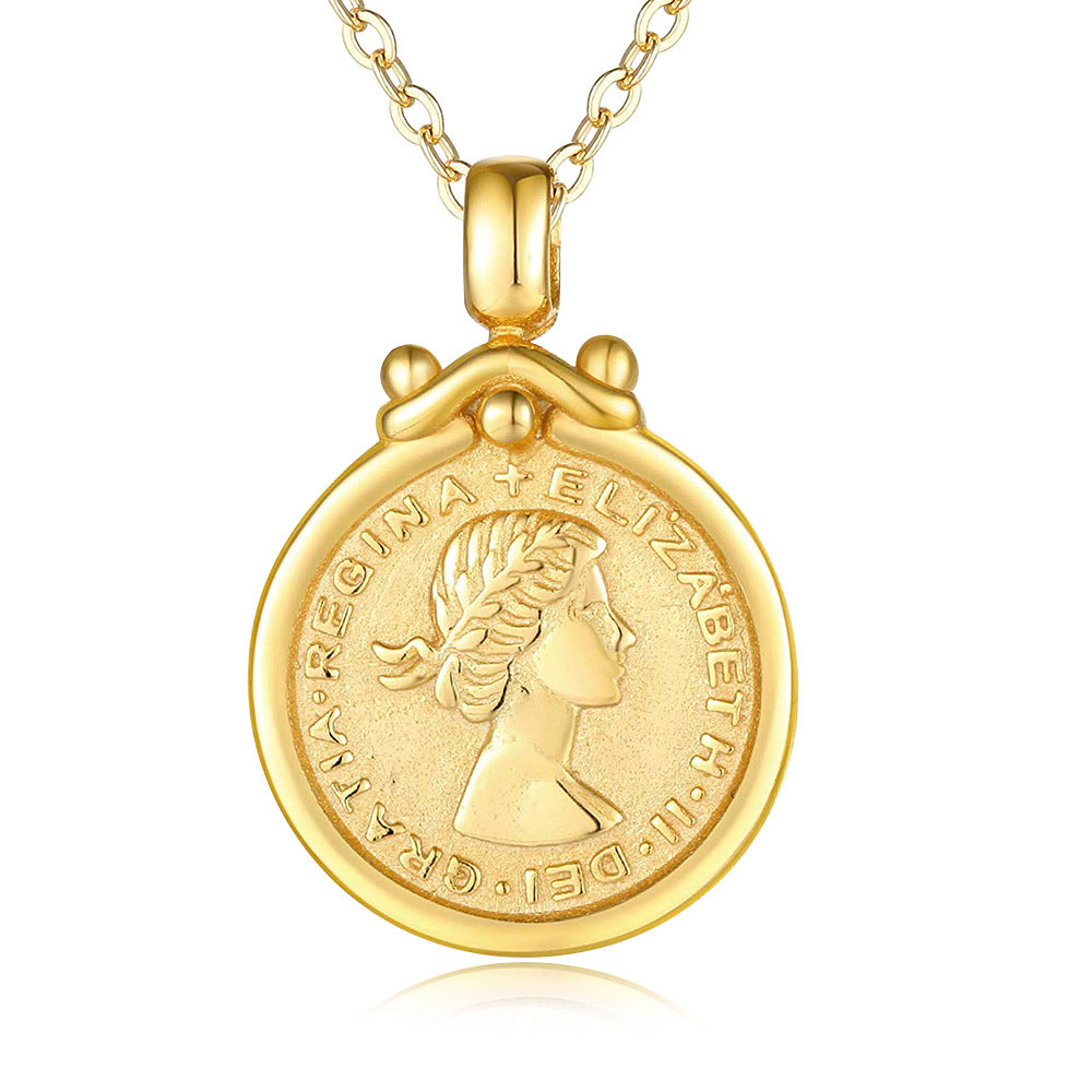 S925 Sterling Silver Elizabeth Portrait Coin Embossed Necklace European and American ins Style Fashi