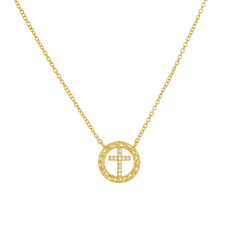 925 Sterling Silver Niche Design Round Hollow Diamond-Encrusted Cross Necklace for Women, European