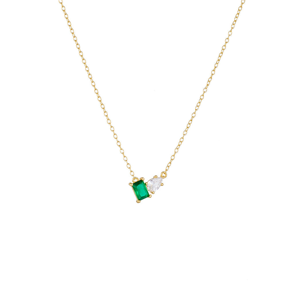 S925 Sterling Silver Inlaid with Emerald Rectangular Water Drop Zircon Necklace for Women European a