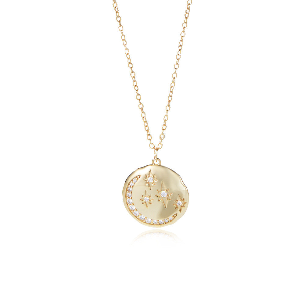 s925 sterling silver round coin star moon necklace European and American ins style diamond-embedded