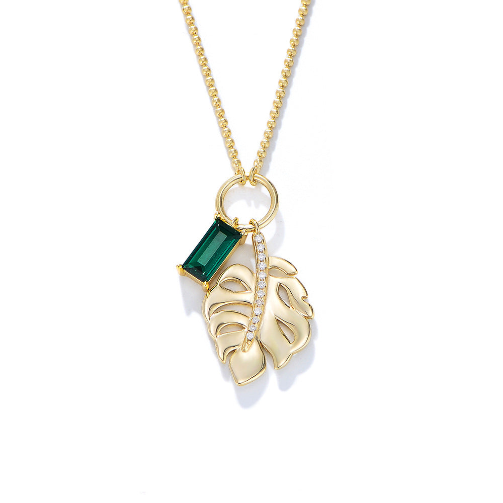 925 sterling silver Emerald zircon tree leaf pendant necklace women's all-match European and America