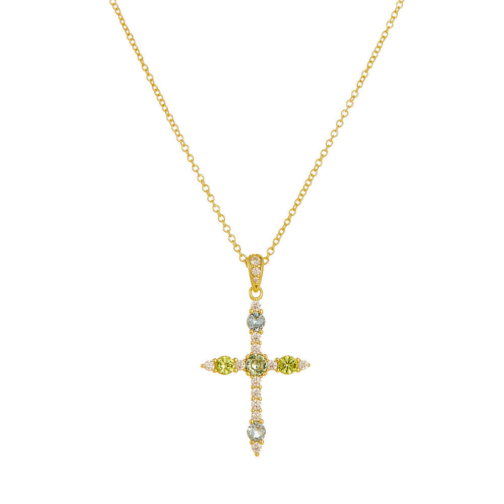 S925 Sterling Silver European and American Style Cross Pendant Necklace with Colorful Zirconia for W