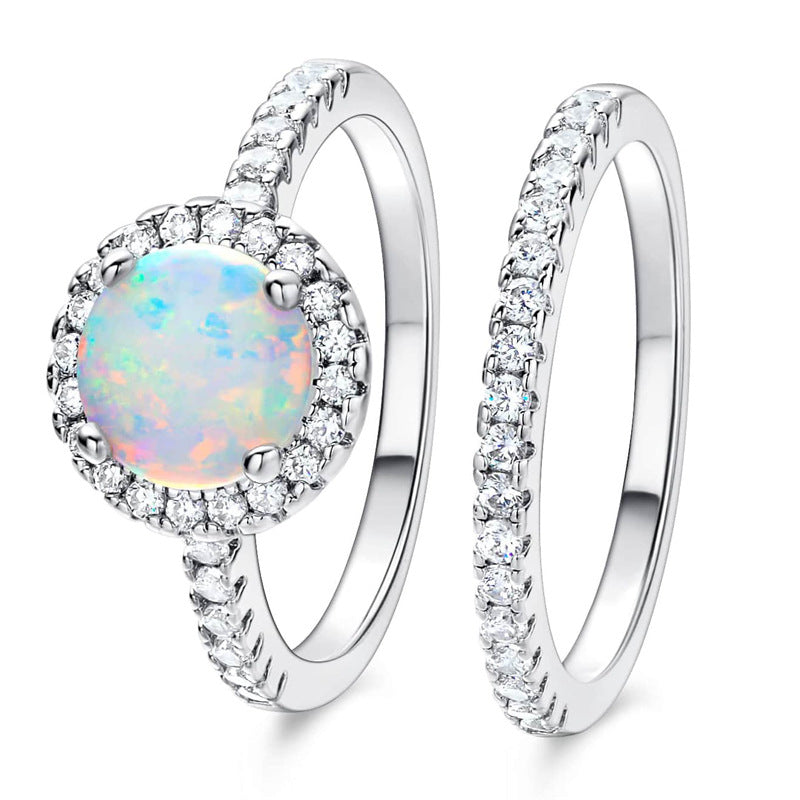 White Fire Opal & Micro Pavé CZ Two-Piece Ring Set | Bridal Stack | Wholesale Opal Jewelry | Bo Cheng Jewelry
