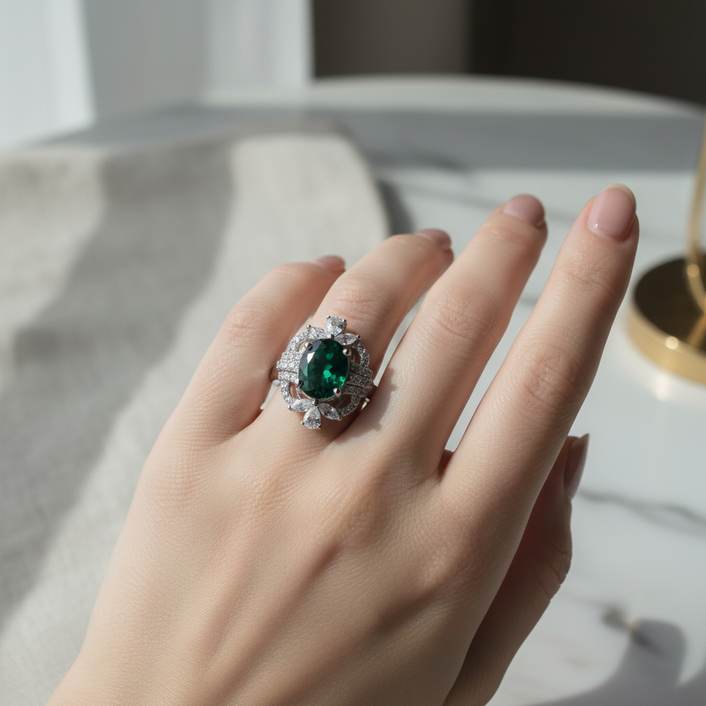 培育祖母绿戒指佩戴展示