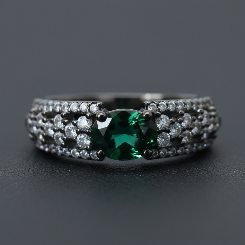 1CT Oval Lab-Grown Emerald Silver Ring with Ruby | White Gold-Plated Pavé Zirconia Wide Band Close-up Detail - Craftsmanship Excellence