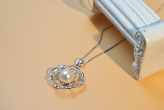 White Gold Plated Flower Frame Pearl Pendant 925 Silver CZ Wholesale View 2
