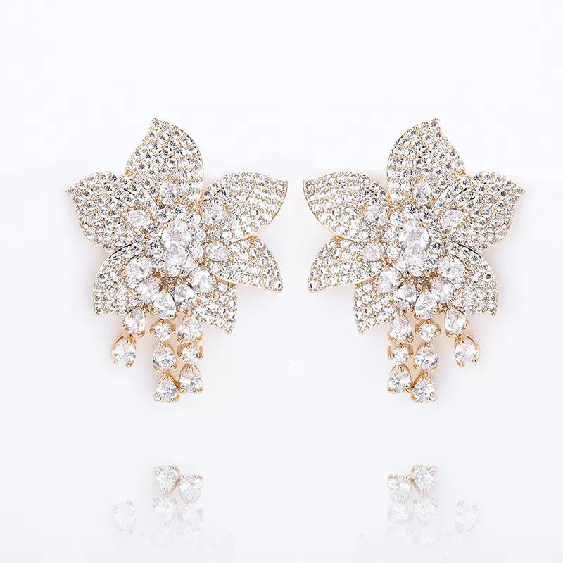 Wholesale Full-Zircon Earrings Flower Drop Earrings with White CZ Cascade | 18K Gold Plated | Bo Cheng Jewelry