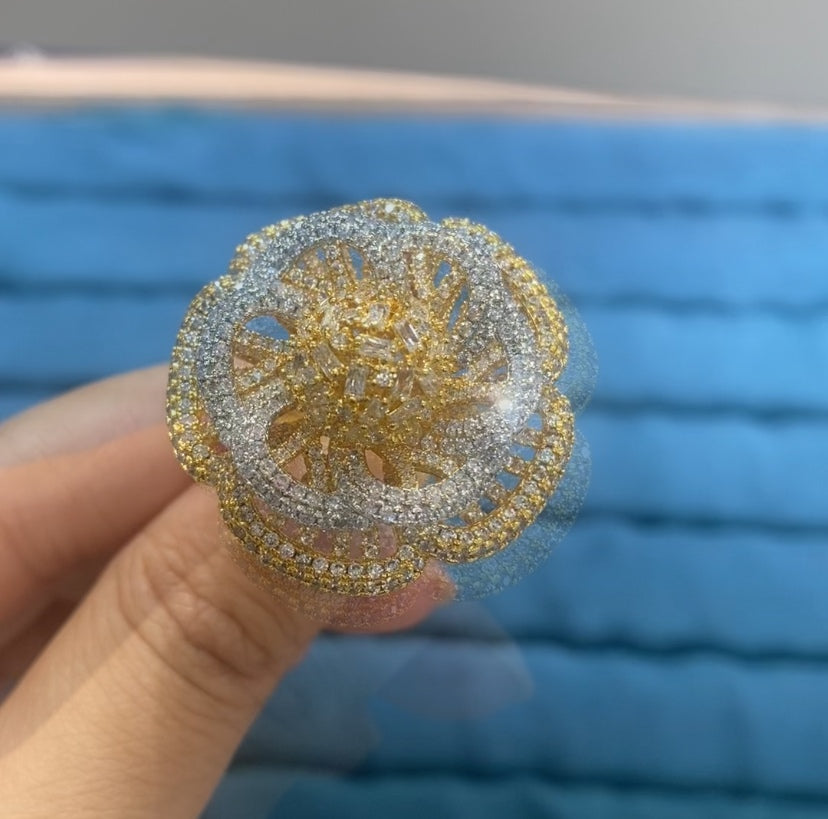 R057 Oversized Open Lattice Camellia Full Pavé CZ Cocktail Ring | Gold & Two-Tone | Bo Cheng