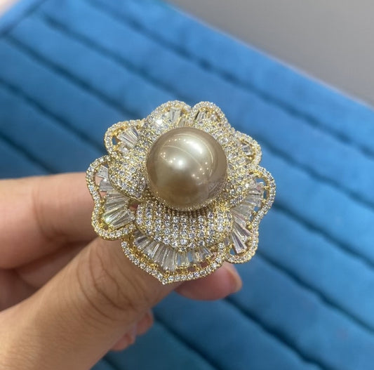 R064 Gold Oversized Baguette Sunray Pavé CZ Golden Pearl Flower Cocktail Ring | Bo Cheng