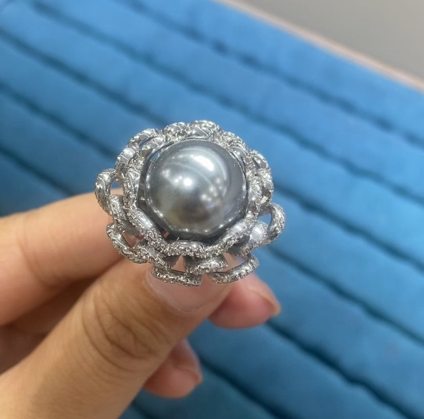 R069 Open Lattice Braided Wreath Pearl Cocktail Ring | Gold Silver | 3 Colors | Bo Cheng