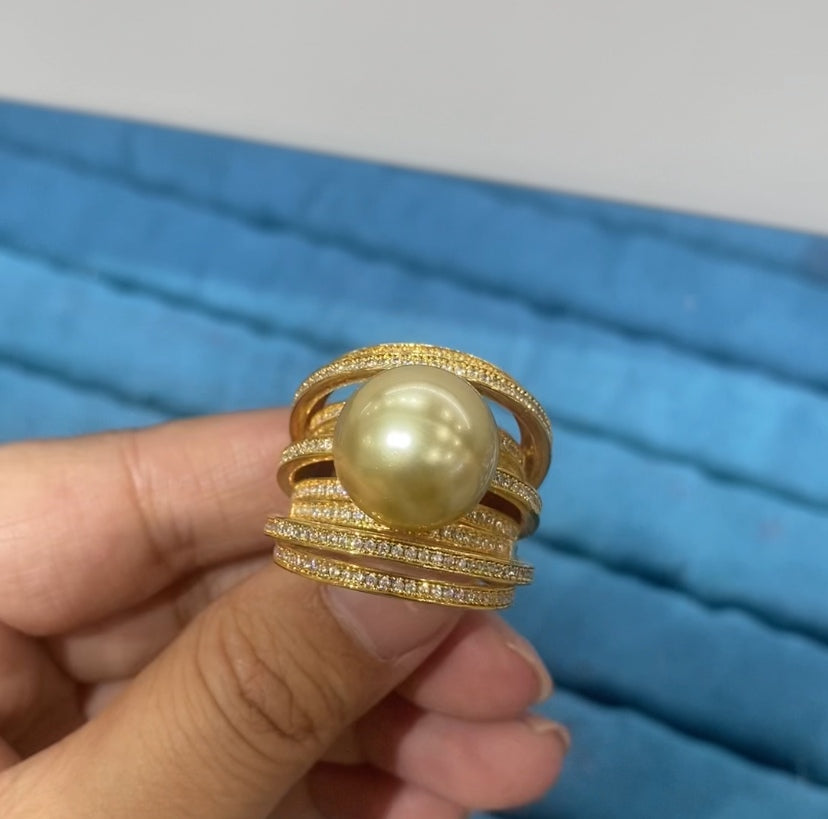 R080 Gold Golden Pearl Multi-Layer Orbital Pavé CZ Wide Band Ring | Copper | Bo Cheng Jewelry