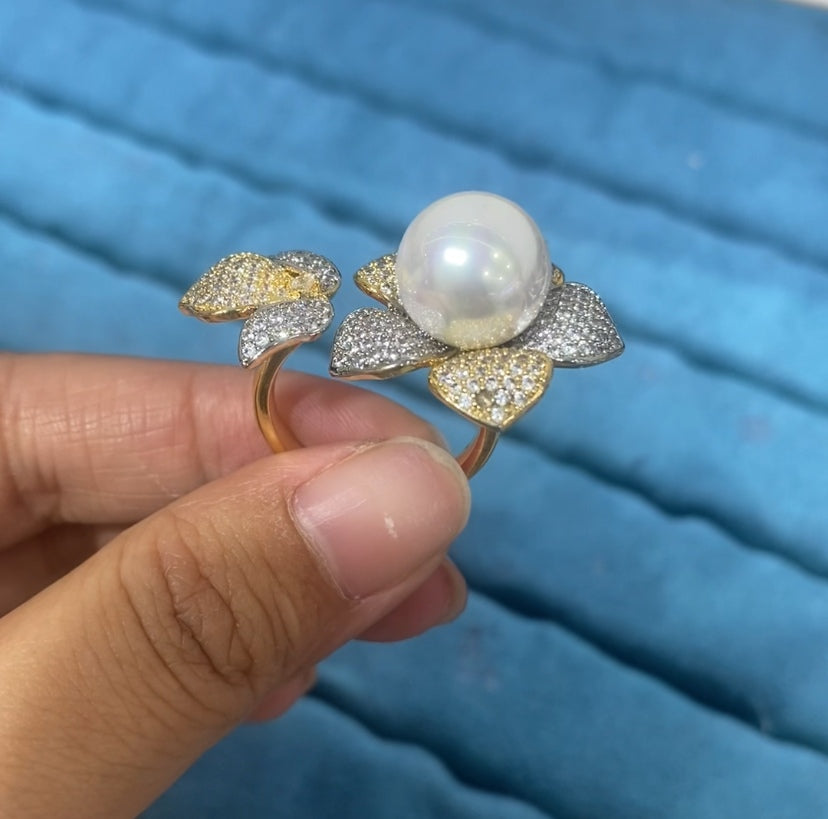 R090 Pearl Flower Pavé CZ Cocktail Ring | Gold & Silver | Two Colors | Bo Cheng Jewelry