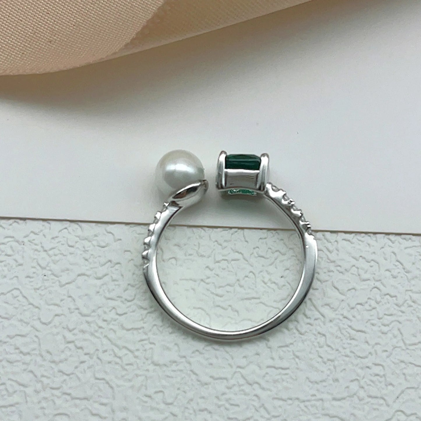 Lab emerald pearl open ring CZ detail gold plated manufacturer