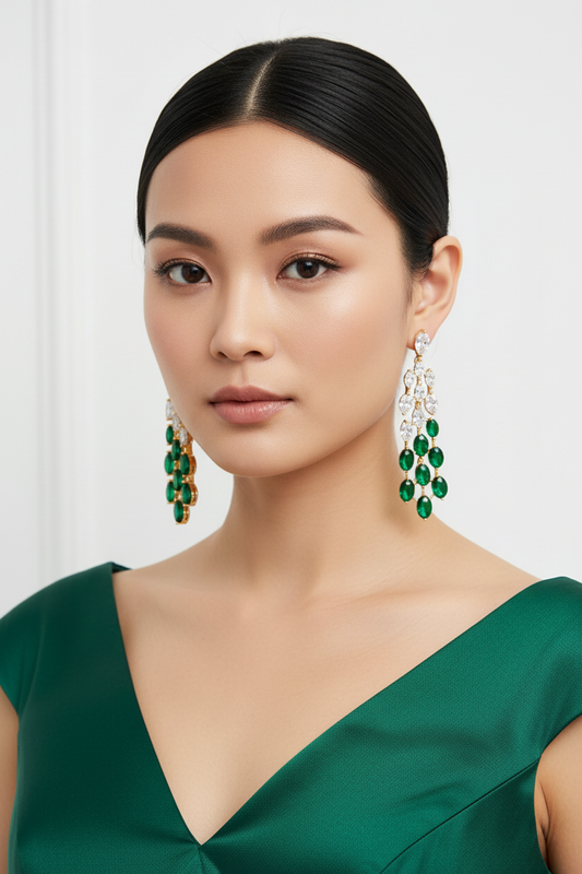 Model wearing emerald green and clear CZ cascade drop earrings, 18K gold plated, luxury jewelry editorial
