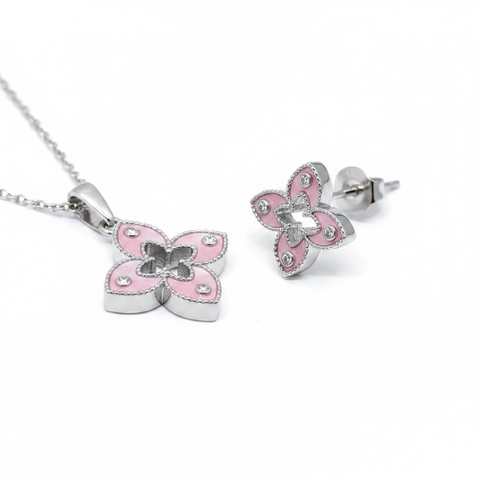 Pink MOP flower pendant necklace and stud earrings side detail view, showing layered construction and silver cable chain