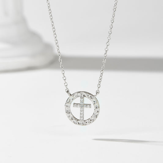 925 Sterling Silver Niche Design Round Hollow Diamond-Encrusted Cross Necklace for Women, European