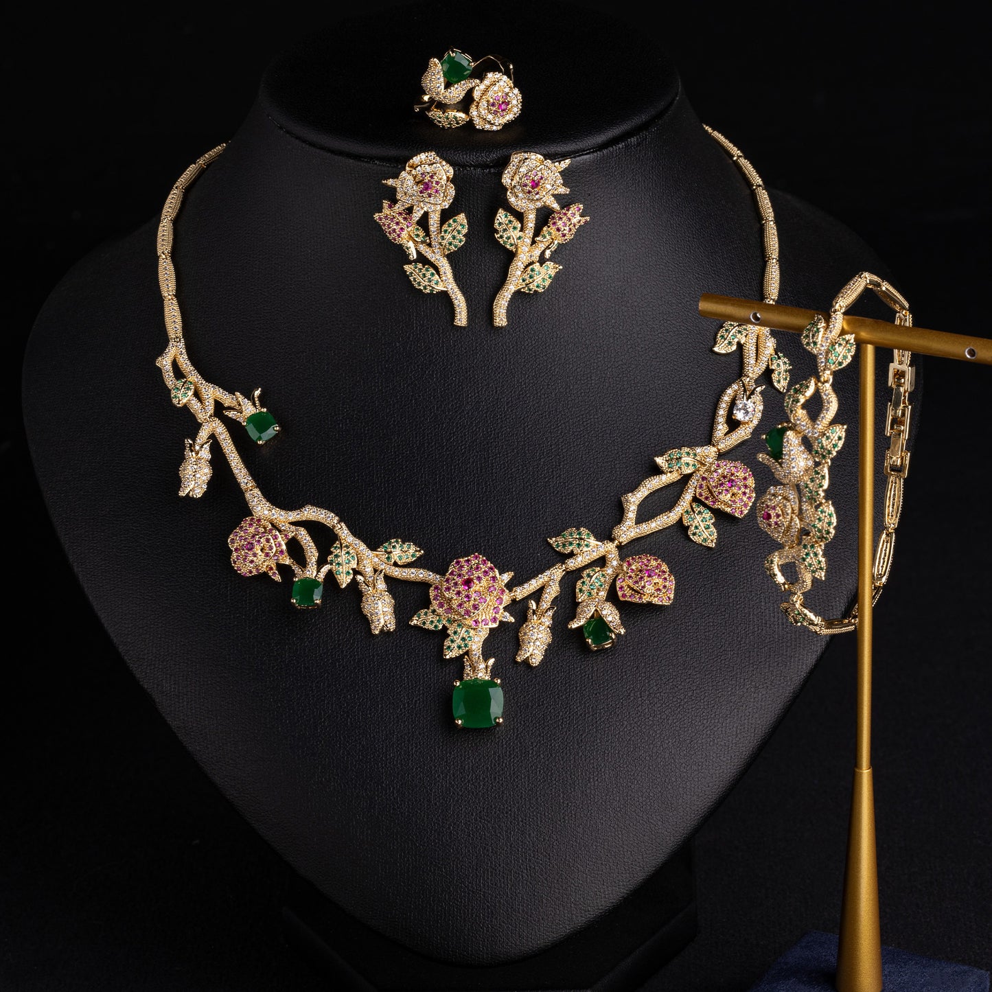 Floral Bridal Necklace Earrings Set Gold Plated Wholesale View 4