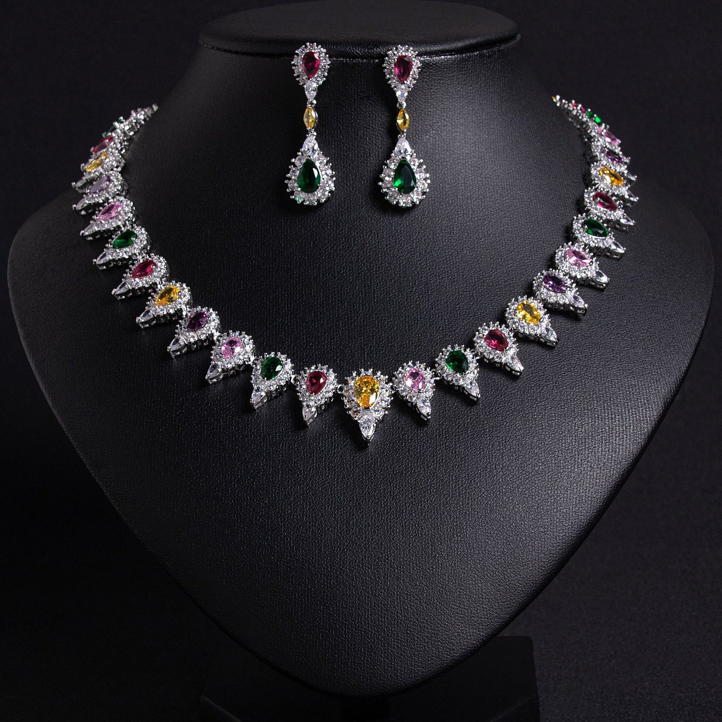 Multicolor Zircon Bridal Necklace Earrings Set Gold Plated
