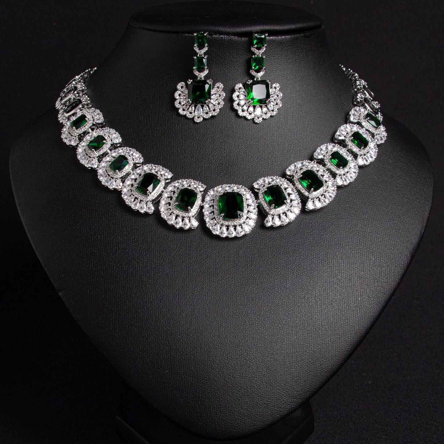 Green CZ Chain Bridal Jewelry Set 18K Gold Plated Wholesale