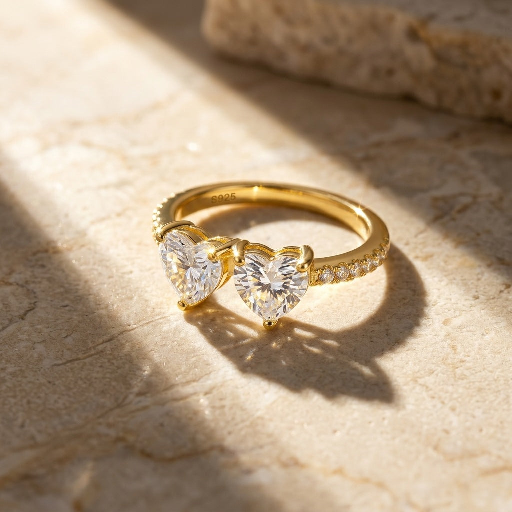 925 Silver Double Heart Ring | Moissanite or CZ