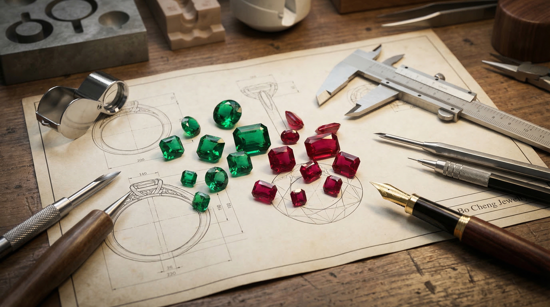 High-end lab-grown emeralds and rubies on CAD design blueprints