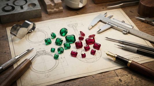 High-end lab-grown emeralds and rubies on CAD design blueprints