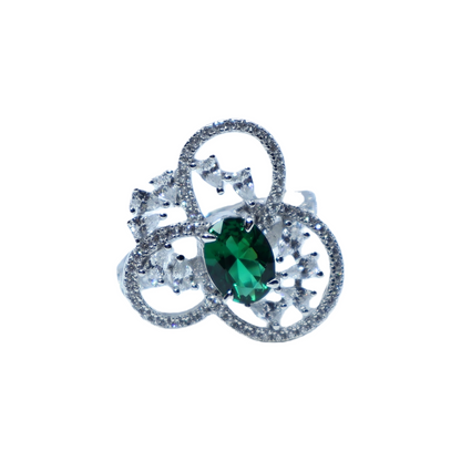 Green Zircon Triple Ring Sterling Silver Ring | White Gold Plated with Teardrop-Shaped Zircon Accents