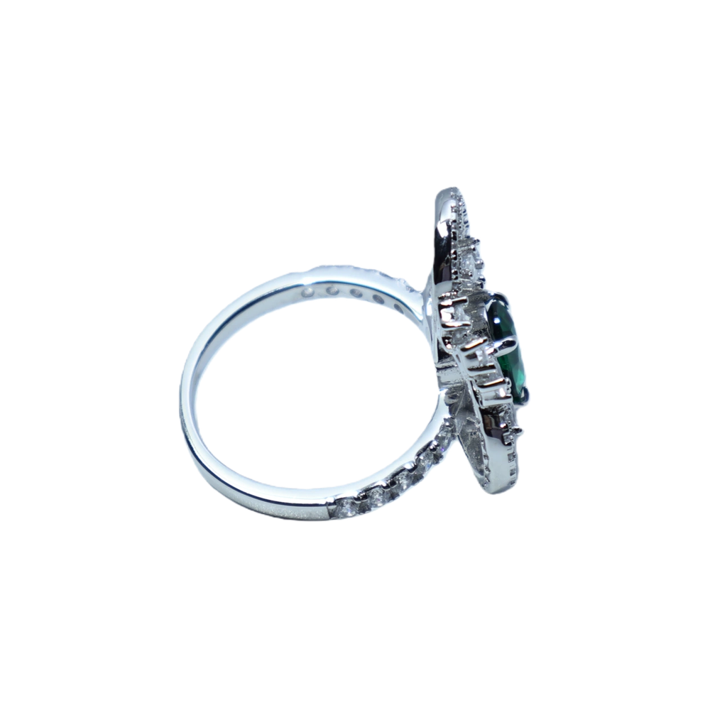 Green Zircon Triple Ring Sterling Silver Ring | White Gold Plated with Teardrop-Shaped Zircon Accents