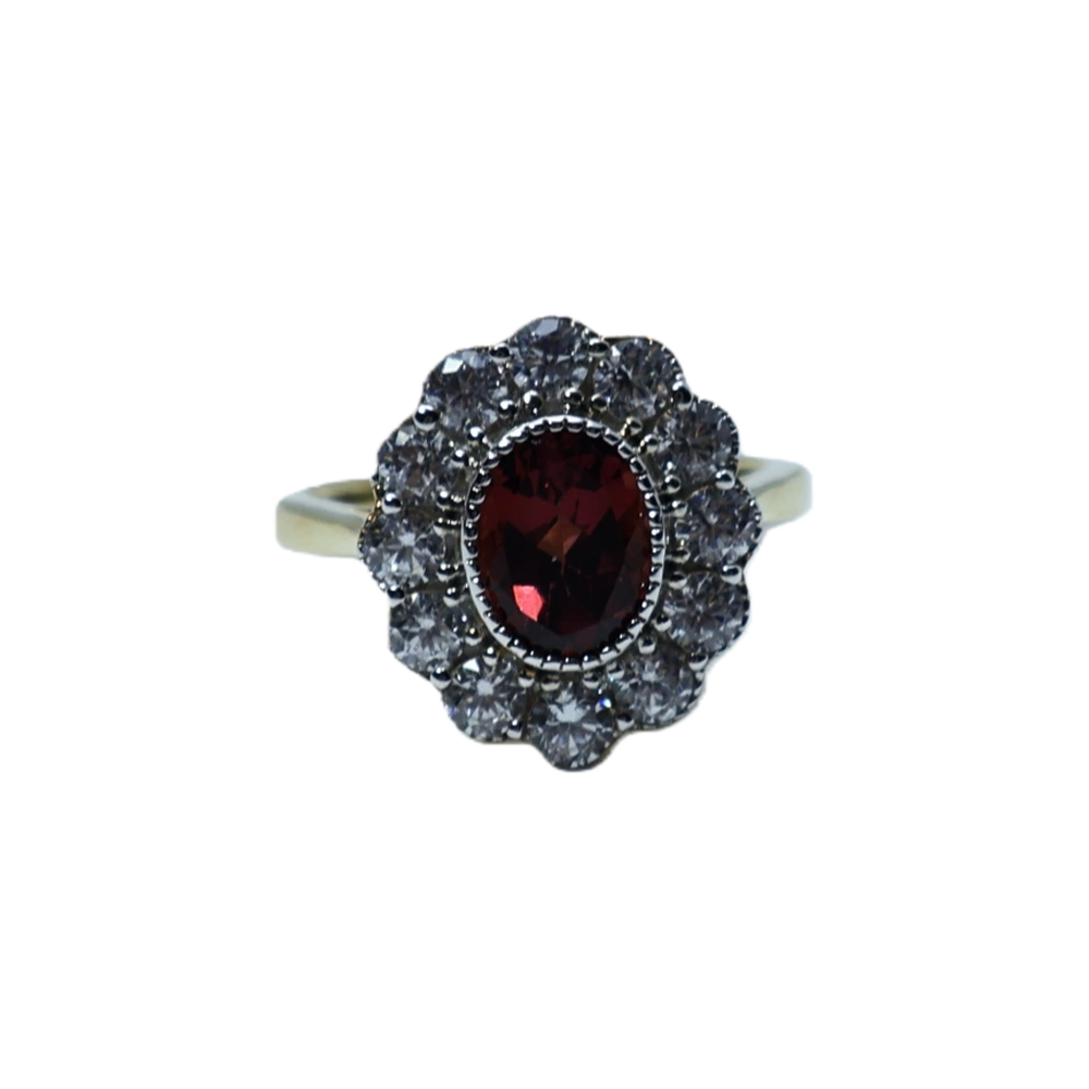 Garnet, moissanite, and blue spinel navel-shaped flower ring