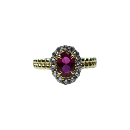 Oval Garnet Sterling Silver Closed-Back Ring | Gold-Plated Zirconia Halo with Pearl-Patterned Band