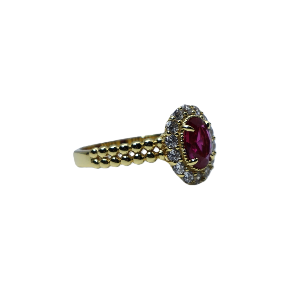 Oval Garnet Sterling Silver Closed-Back Ring | Gold-Plated Zirconia Halo with Pearl-Patterned Band