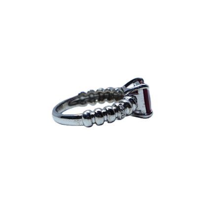 Square Garnet Sterling Silver Ring | White Gold-Plated Bamboo-Knot Texture Adjustable Open Band Ring