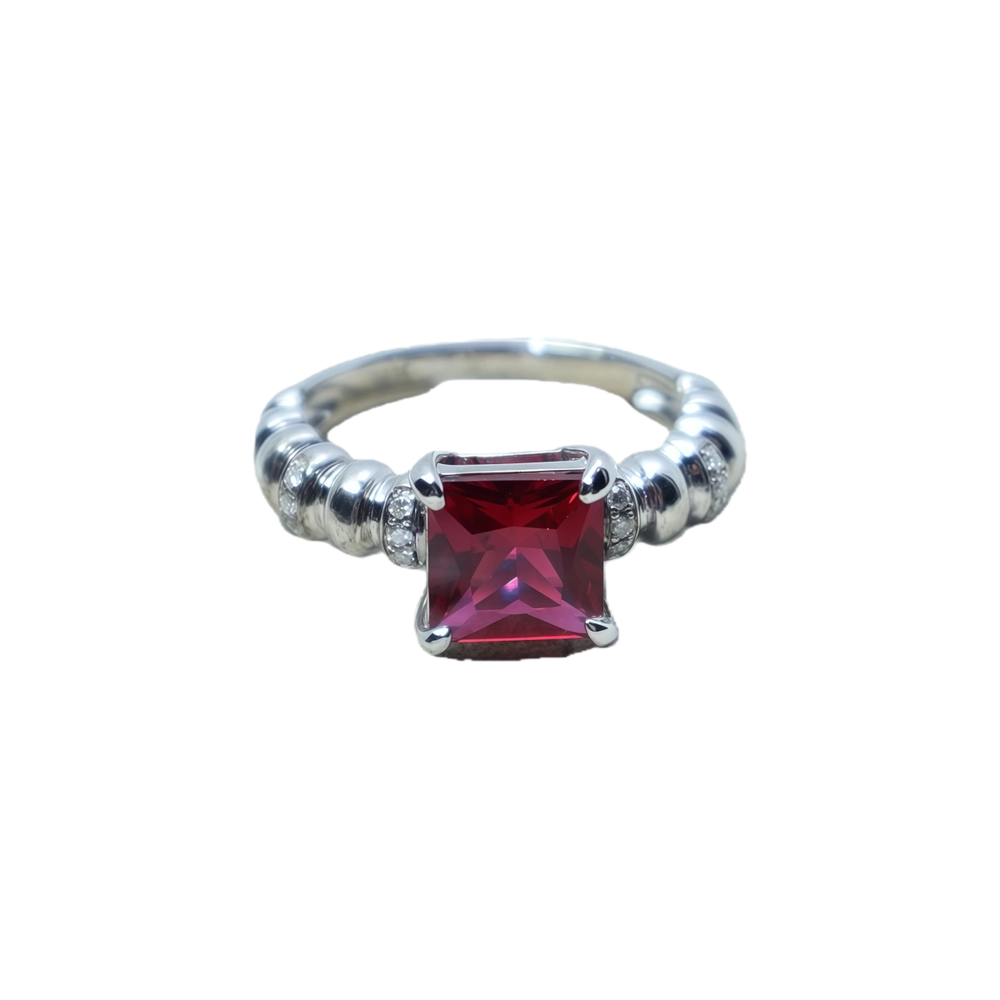 Square Garnet Sterling Silver Ring | White Gold-Plated Bamboo-Knot Texture Adjustable Open Band Ring
