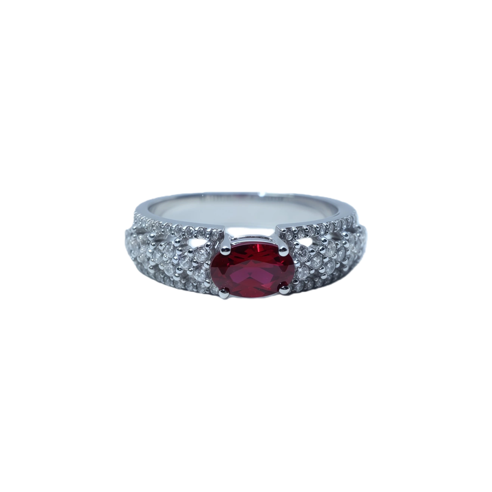 1CT Oval Lab-Grown Emerald Silver Ring with Ruby | White Gold-Plated Pavé Zirconia Wide Band