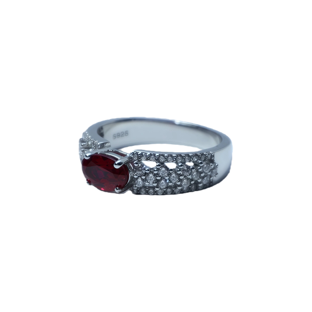 1CT Oval Lab-Grown Emerald Silver Ring with Ruby | White Gold-Plated Pavé Zirconia Wide Band