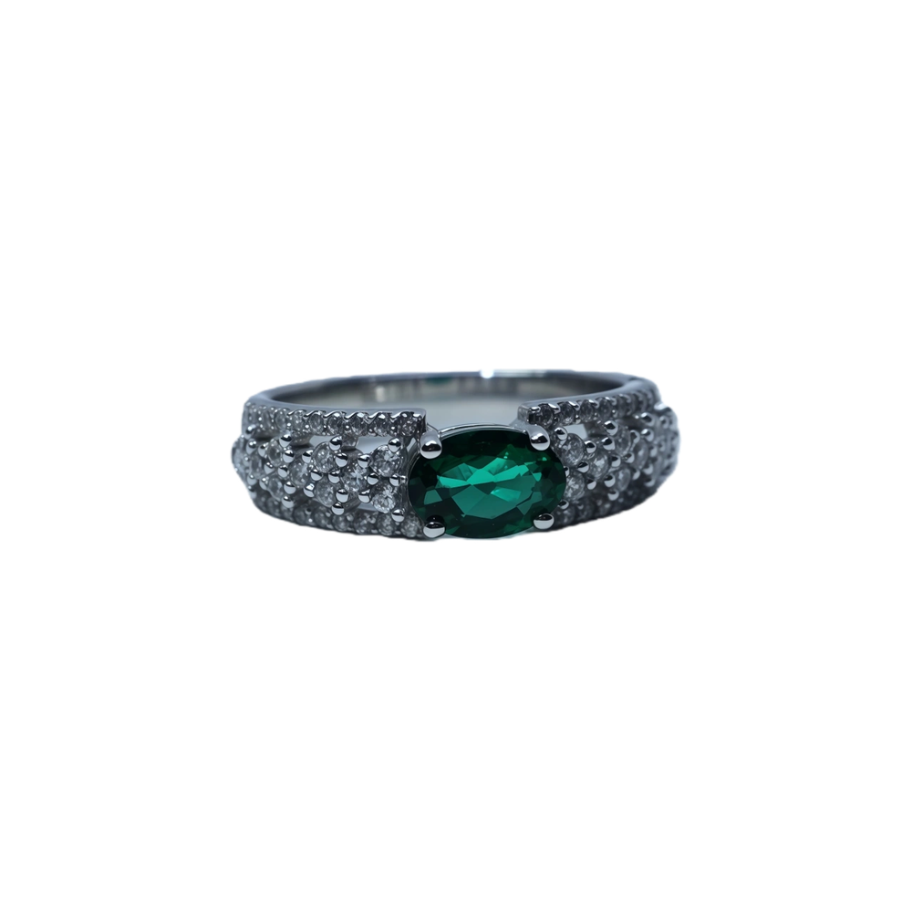 1CT Oval Lab-Grown Emerald Silver Ring with Ruby | White Gold-Plated Pavé Zirconia Wide Band