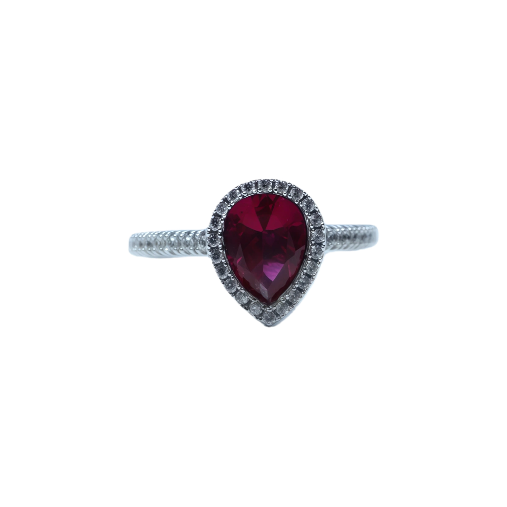 Teardrop Red Corundum Sterling Silver Ring | White Gold-Plated Zircon Halo Pavé Adjustable Open Band Ring