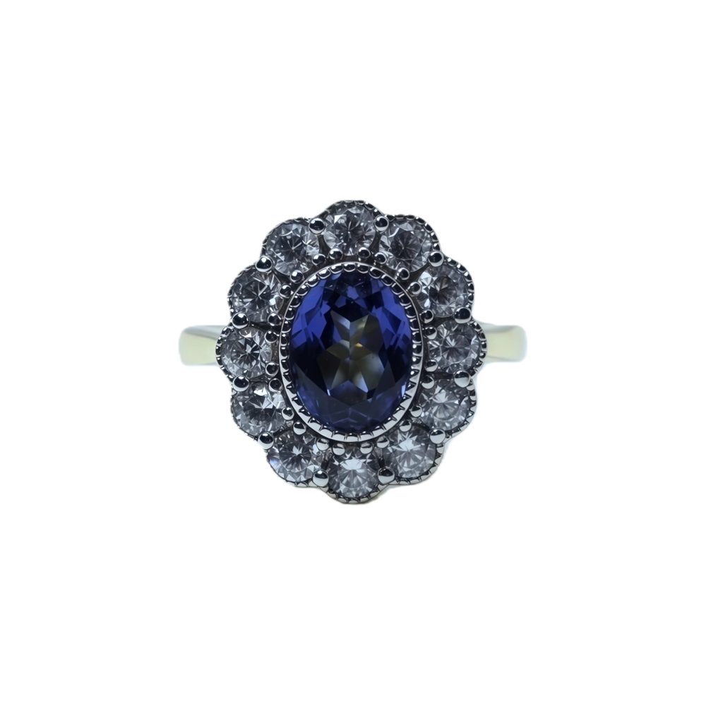 Garnet, moissanite, and blue spinel navel-shaped flower ring