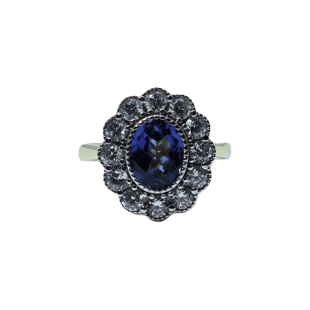 Garnet, moissanite, and blue spinel navel-shaped flower ring