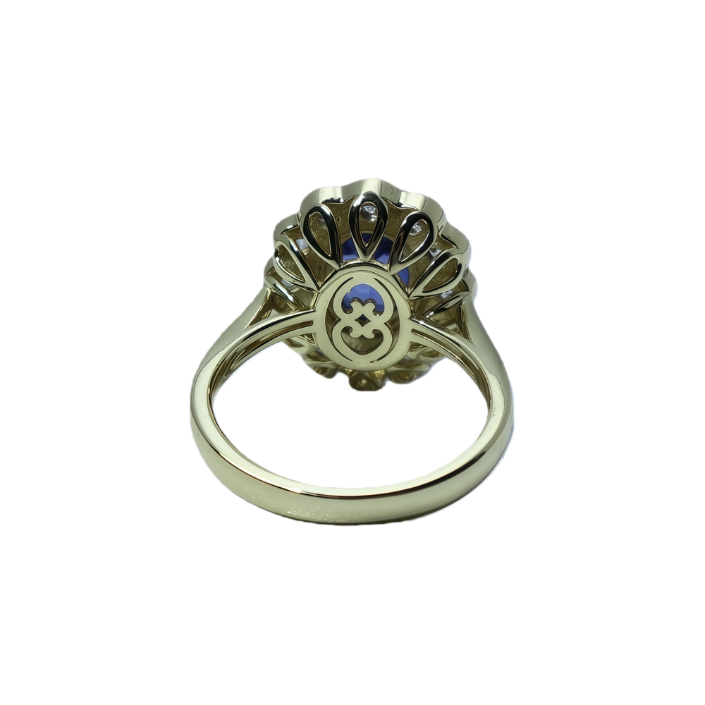 Garnet, moissanite, and blue spinel navel-shaped flower ring