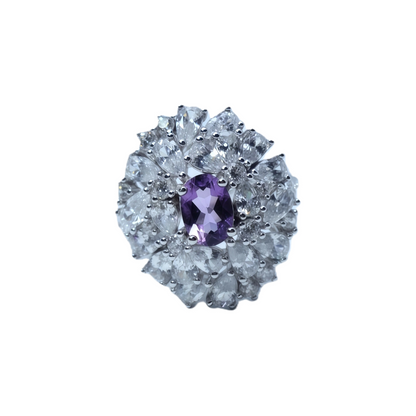 Amethyst Flower 925 Sterling Silver Ring White Gold Plated Teardrop Zirconia Petal Ring