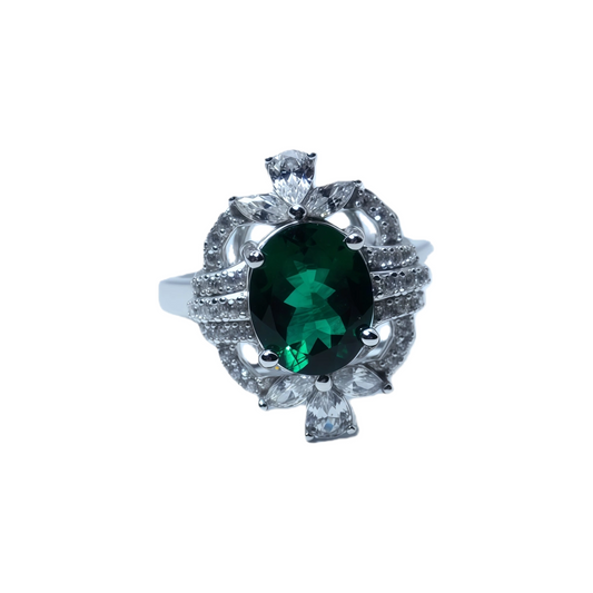 2.5CT Cultured Emerald Sterling Silver Ring | White Gold-Plated Teardrop Zirconia Halo Split Band Close-up Detail - Craftsmanship Excellence