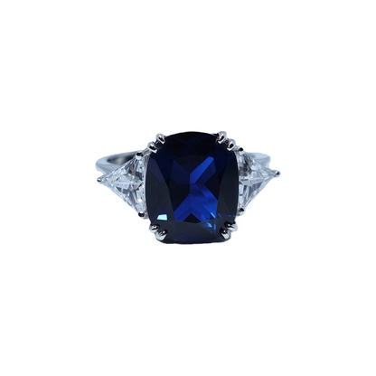 Pillow-Cut Blue Spinel Sterling Silver Closed-Back Ring | White Gold-Plated Triangle Zirconia Accents