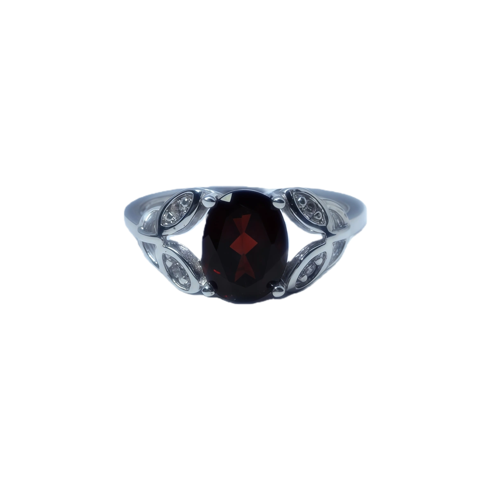 Oval Garnet Sterling Silver Ring | Vintage Leaf Design Set with 5A Zirconia